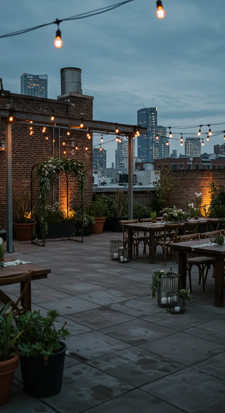 Dakterras in de stad met lichtslingers, houten tafels, planten en een ceremoniële boog bij schemering.