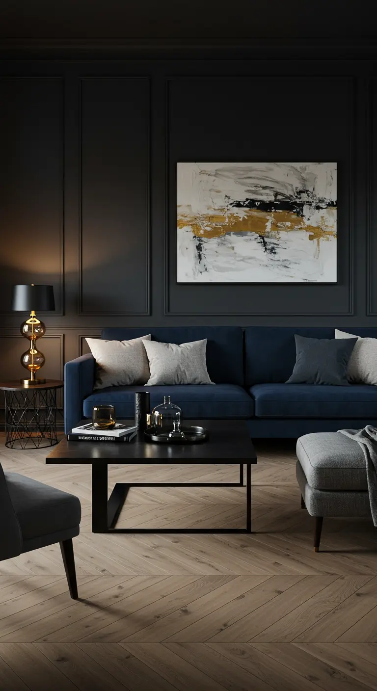 Elegante woonkamer met donkerblauwe bank, zwarte wandpanelen, goudkleurige lampen en abstracte kunst.