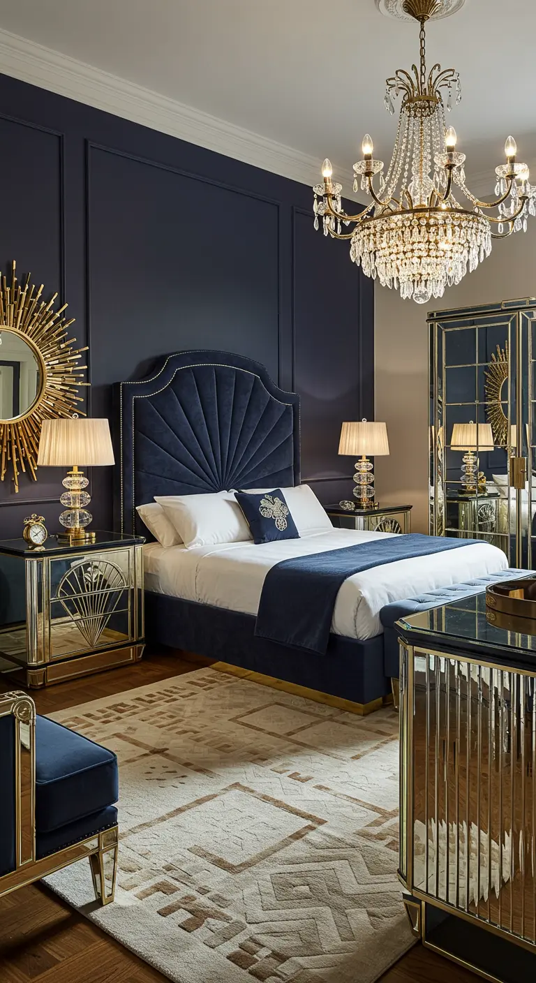 Donkerblauwe slaapkamer met waaiervormig bed, gouden zonnspiegel, spiegelmeubels en kroonluchter.