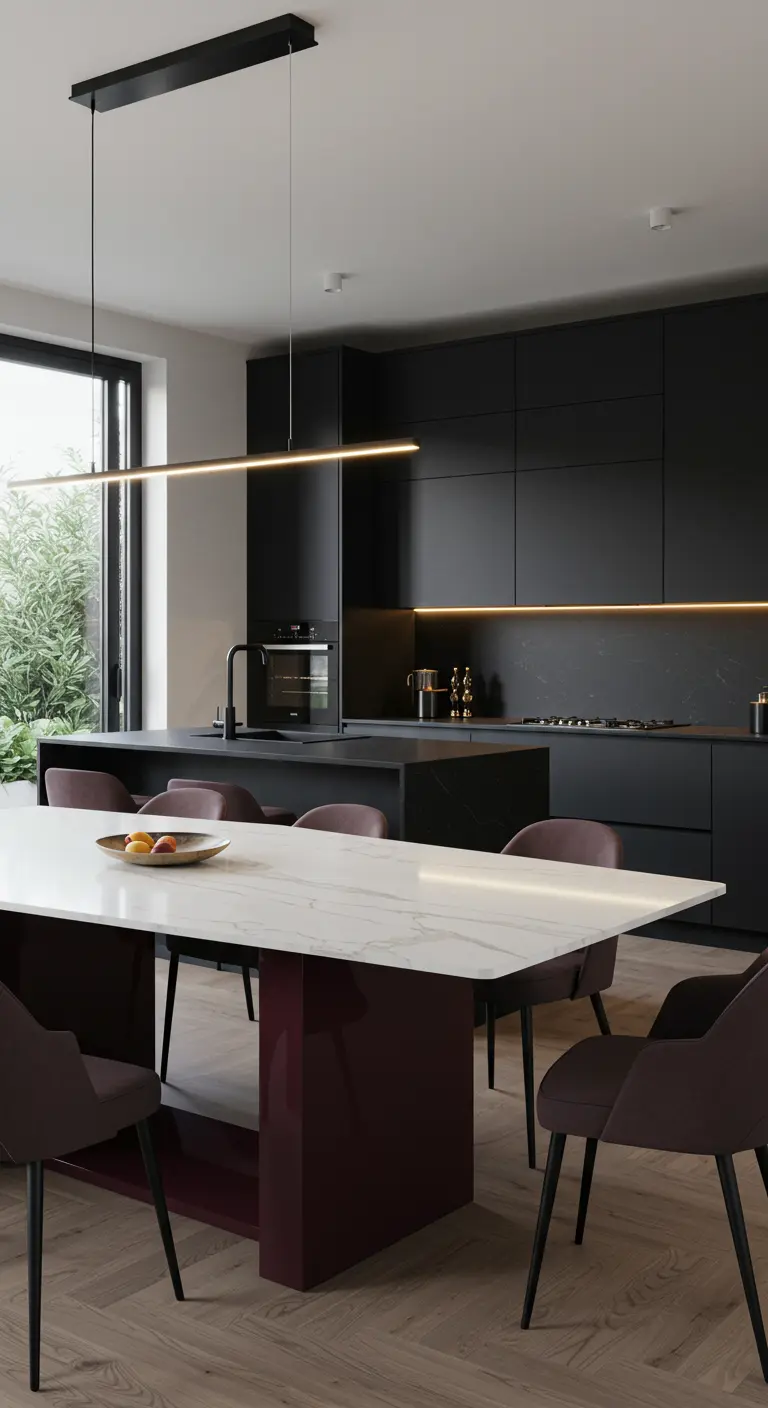 Zwarte keuken met lange eettafel op een donkerpaarse basis, lineaire hanglamp.