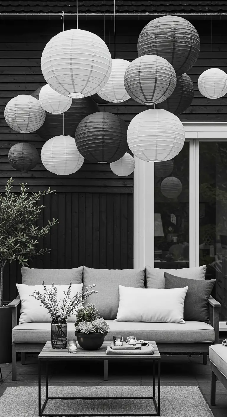 Modern terras met een grijze bank, waarboven een cluster van witte, grijze en zwarte lampionnen hangt.