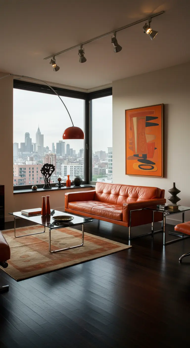 Moderne woonkamer met oranje leren bank, glazen salontafels, abstracte kunst en stadsuitzicht.