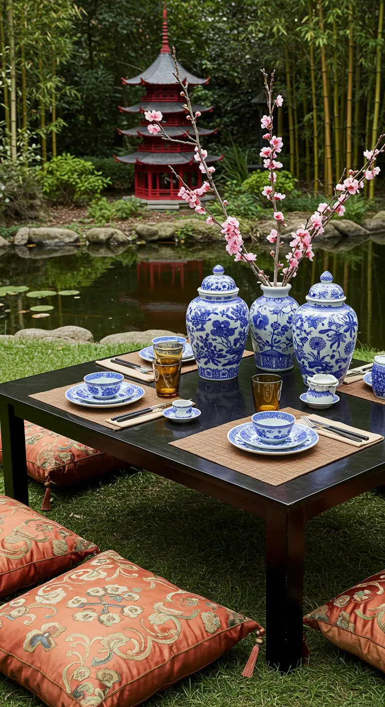 Lage zwarte tafel met blauw-wit Chinees porselein, kersenbloesem en kussens op het gras.