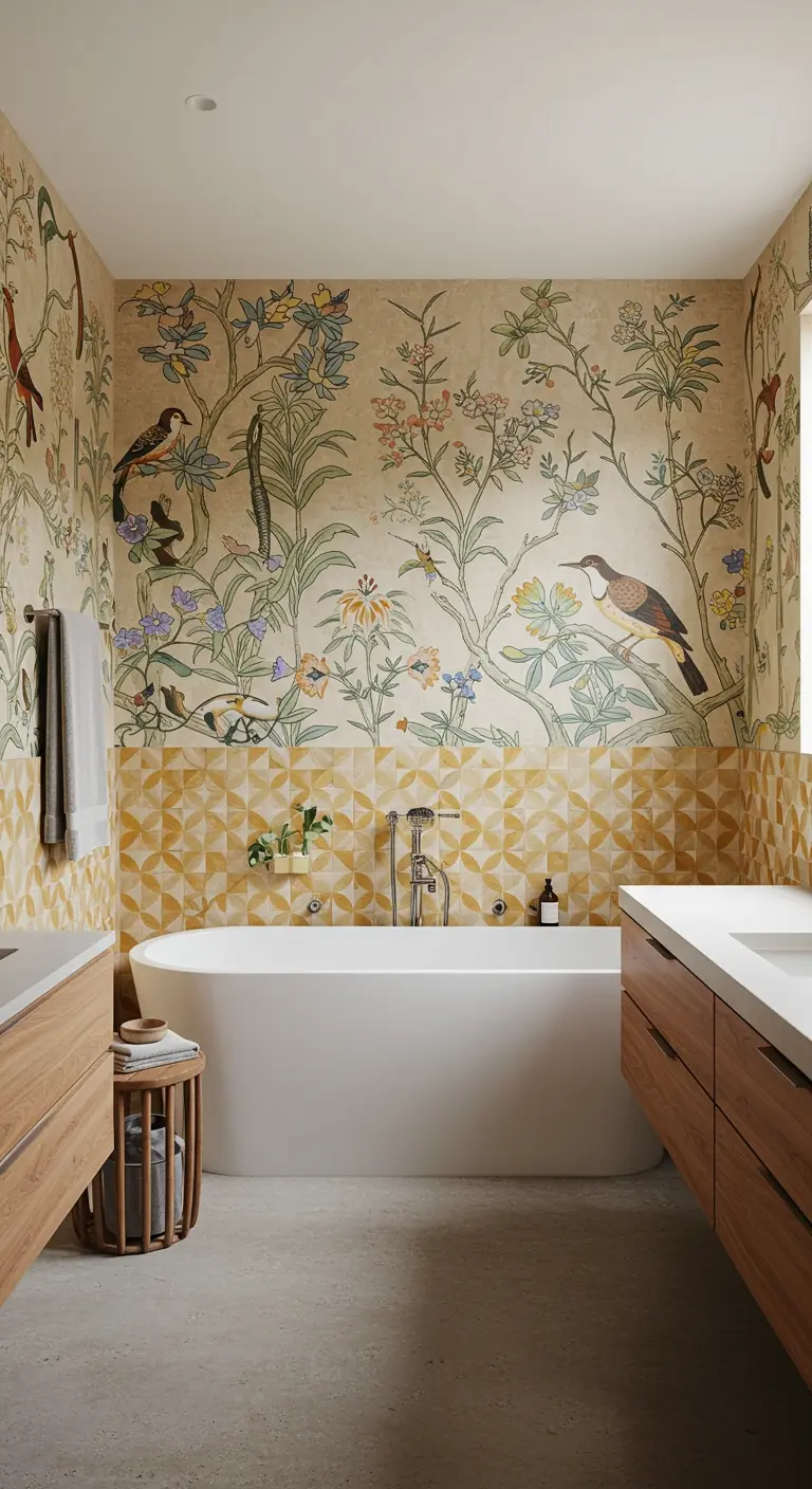 Badkamer met chinoiserie behang, gele tegels en een modern wit bad.