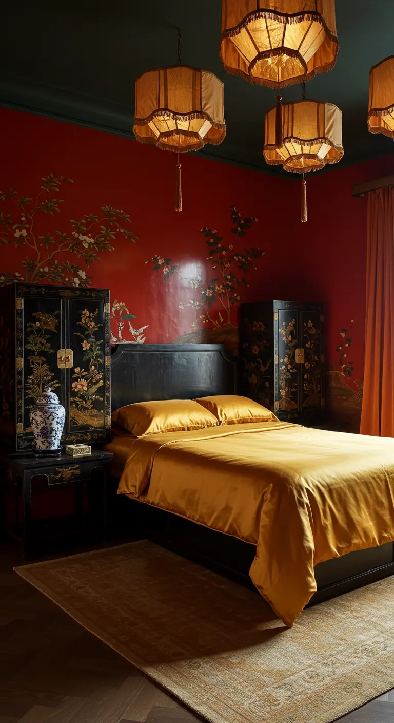 Luxe Chinese slaapkamer met rode muren, zwart lakwerk en gouden satijnen beddengoed.