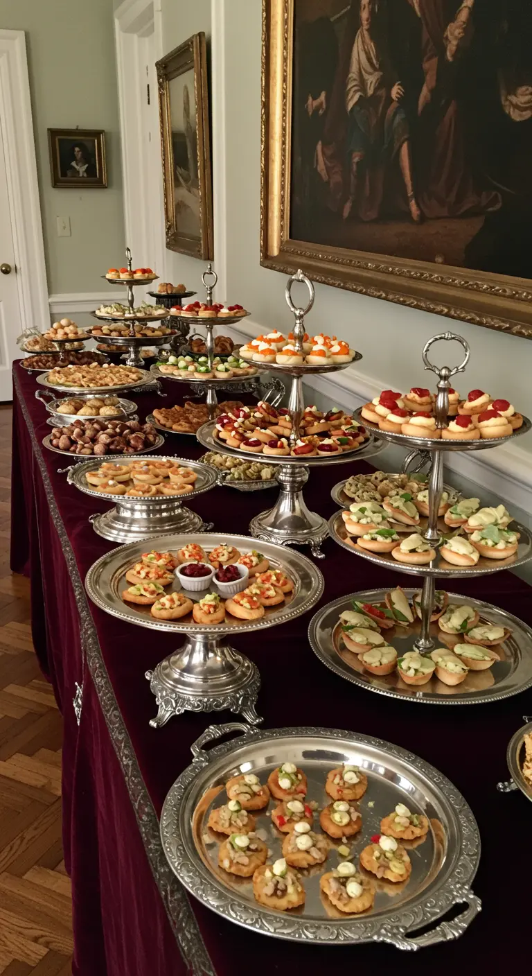 Buffet met hors d'oeuvres gepresenteerd op een verzameling antieke zilveren schalen en etagères.