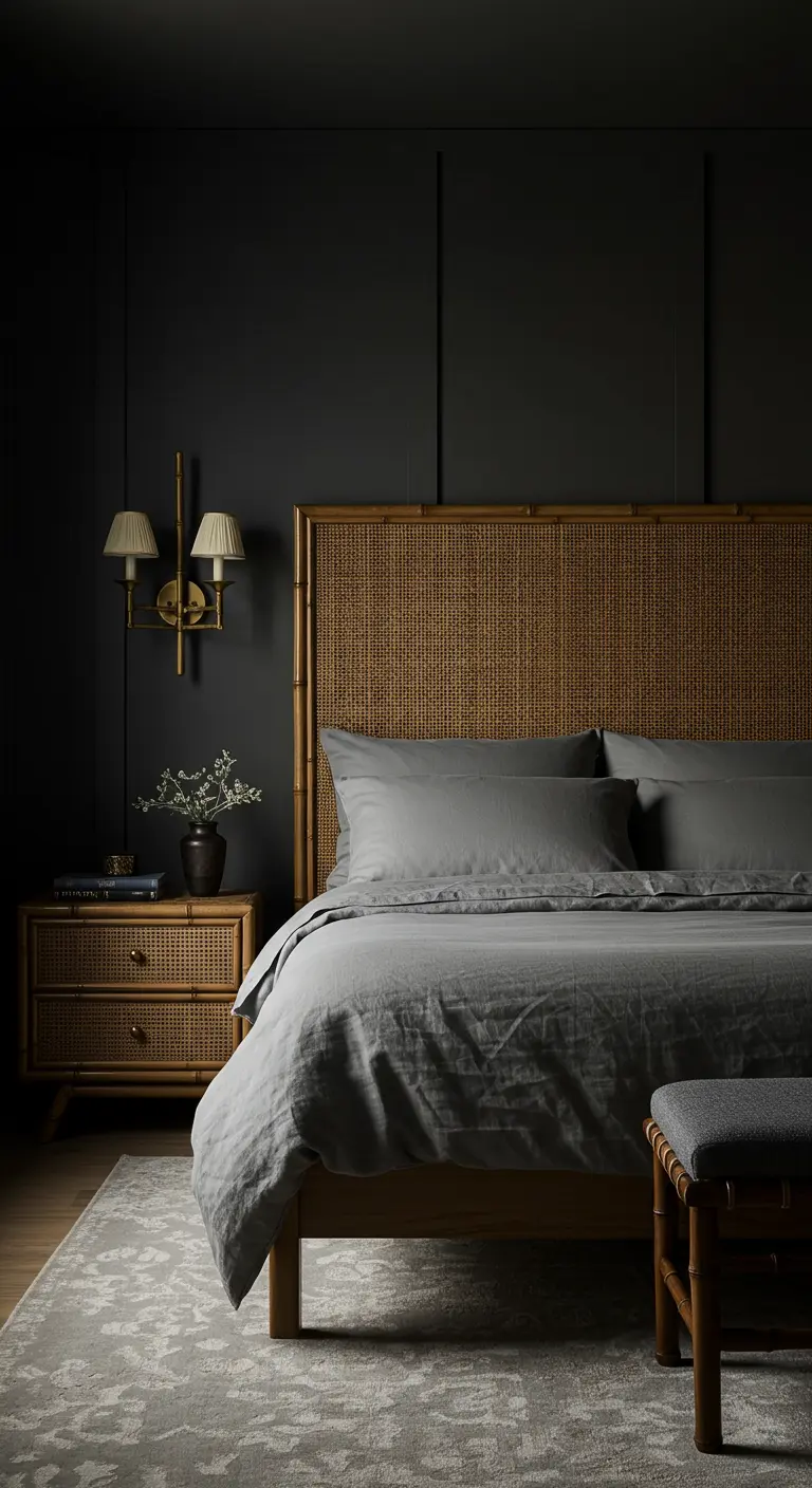 Chique donkere slaapkamer met een rotan bed, grijze muren en een messing wandlamp.