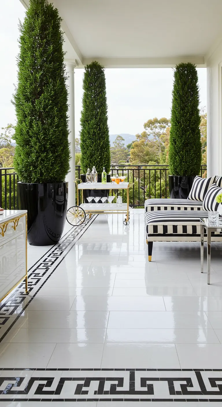 Luxe veranda met glanzende witte tegels en een zwarte rand met Grieks patroon.