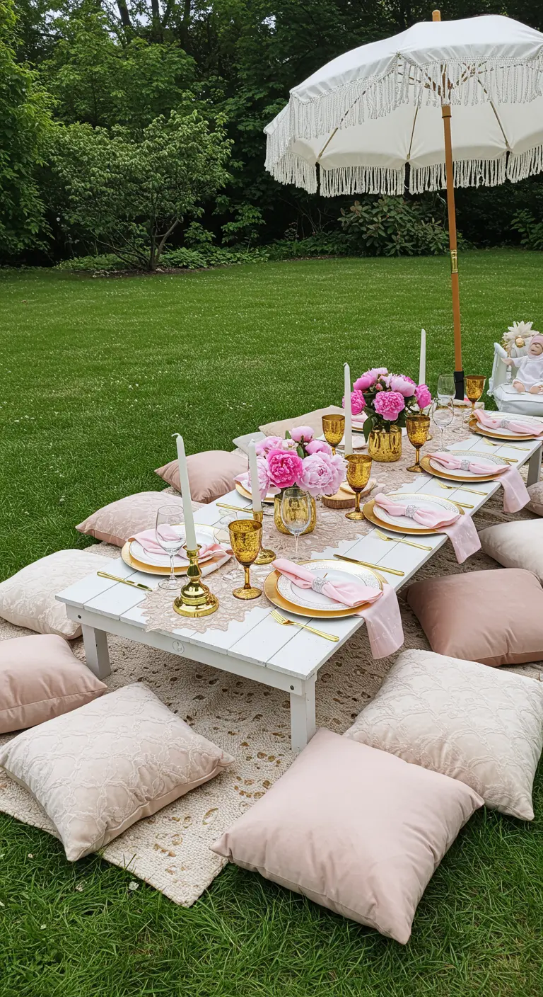Chique tuinpicknick met lage witte tafel, roze kussens en gouden servies.