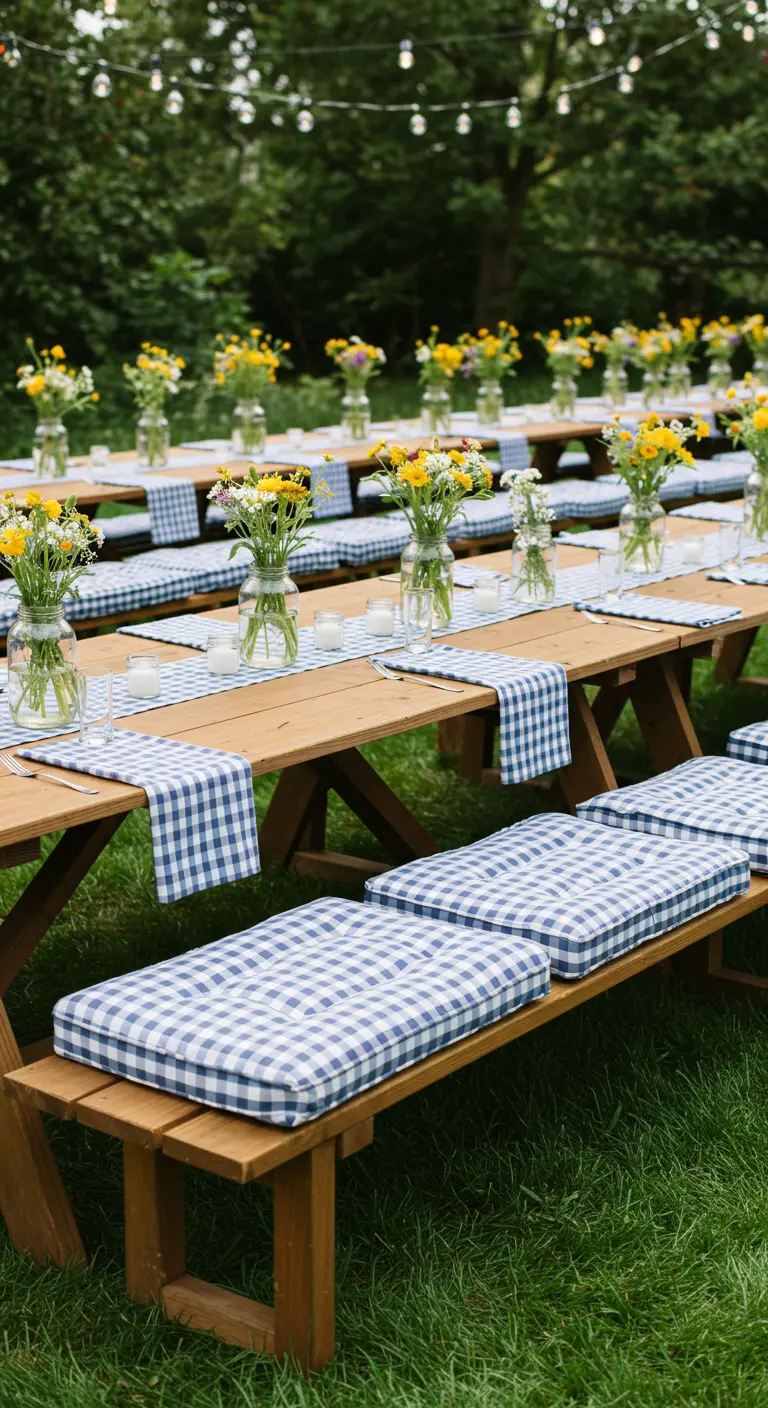 Lange picknicktafels in een tuin met blauw-wit geruite kussens op de banken.