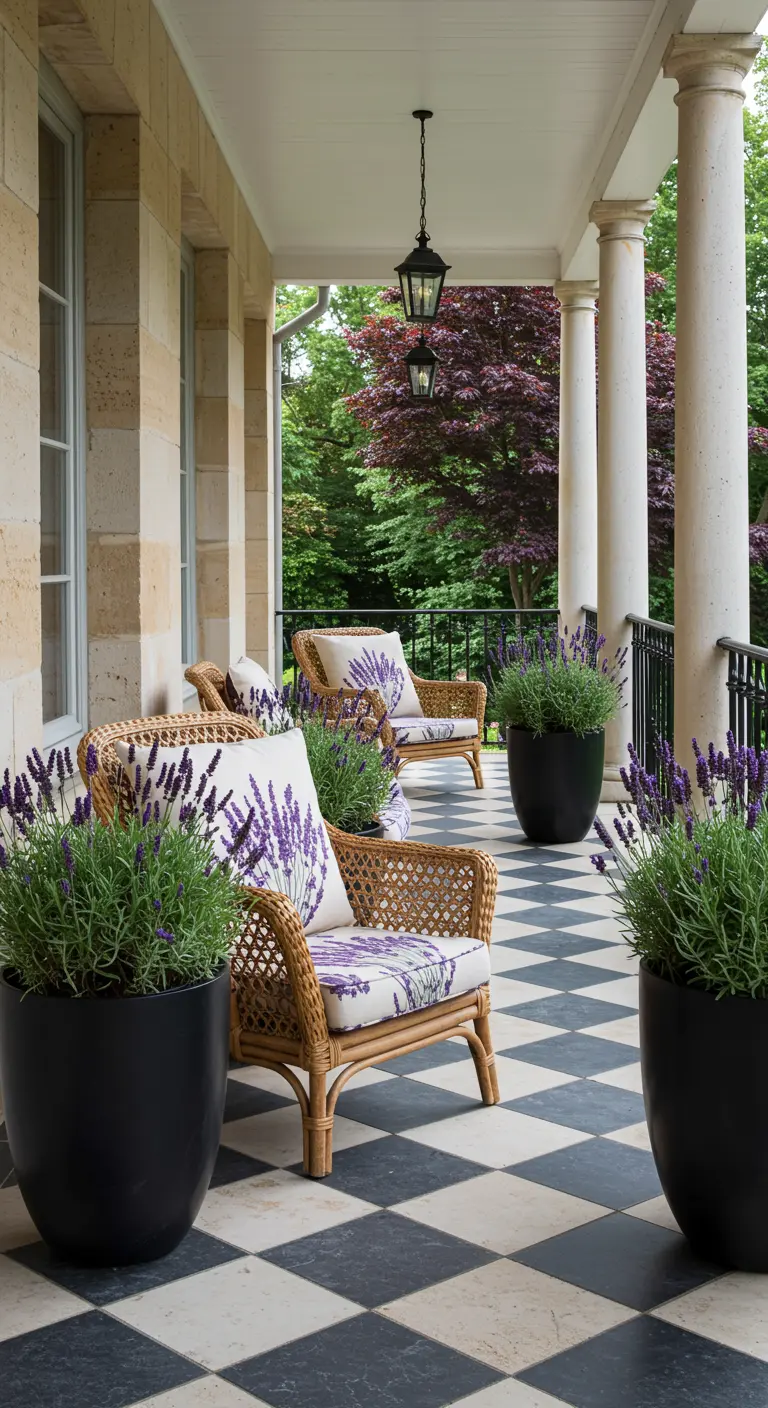 Veranda met zwart-wit geblokte vloer en rotan stoelen met lavendelprint.