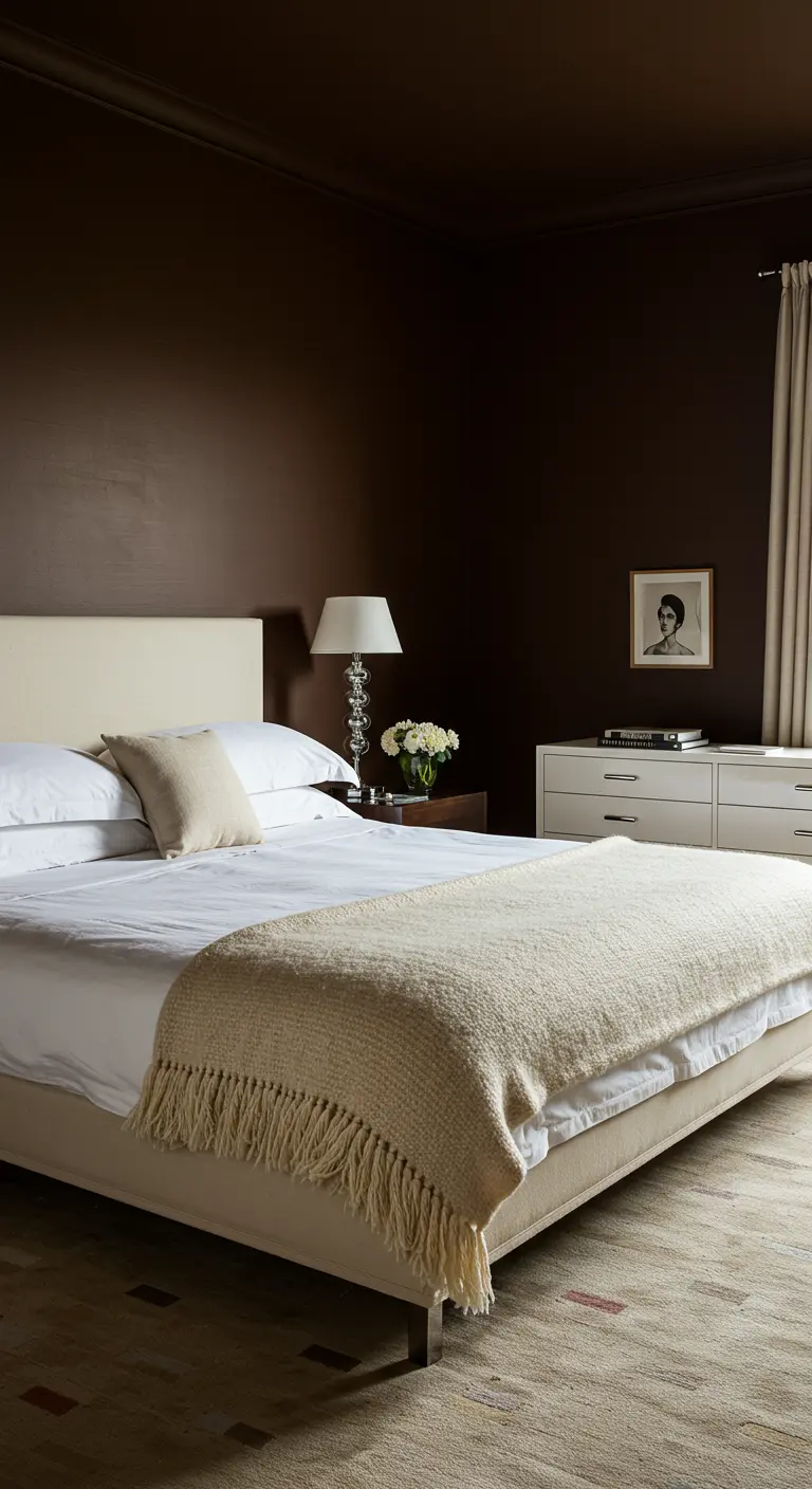 Slaapkamer met diepbruine muren en een crèmekleurig bed en beddengoed.