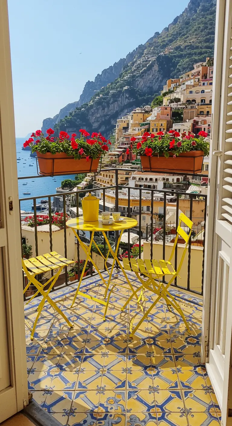 Balkon met gele bistroset, kleurrijke tegels en uitzicht op de Amalfikust.