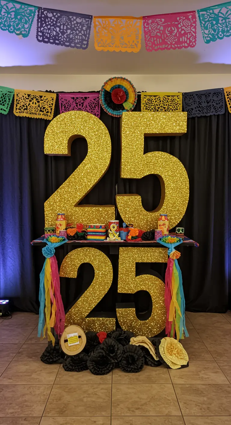 Grote gouden glittercijfers '25' als decoratie voor een verjaardagsfeest.