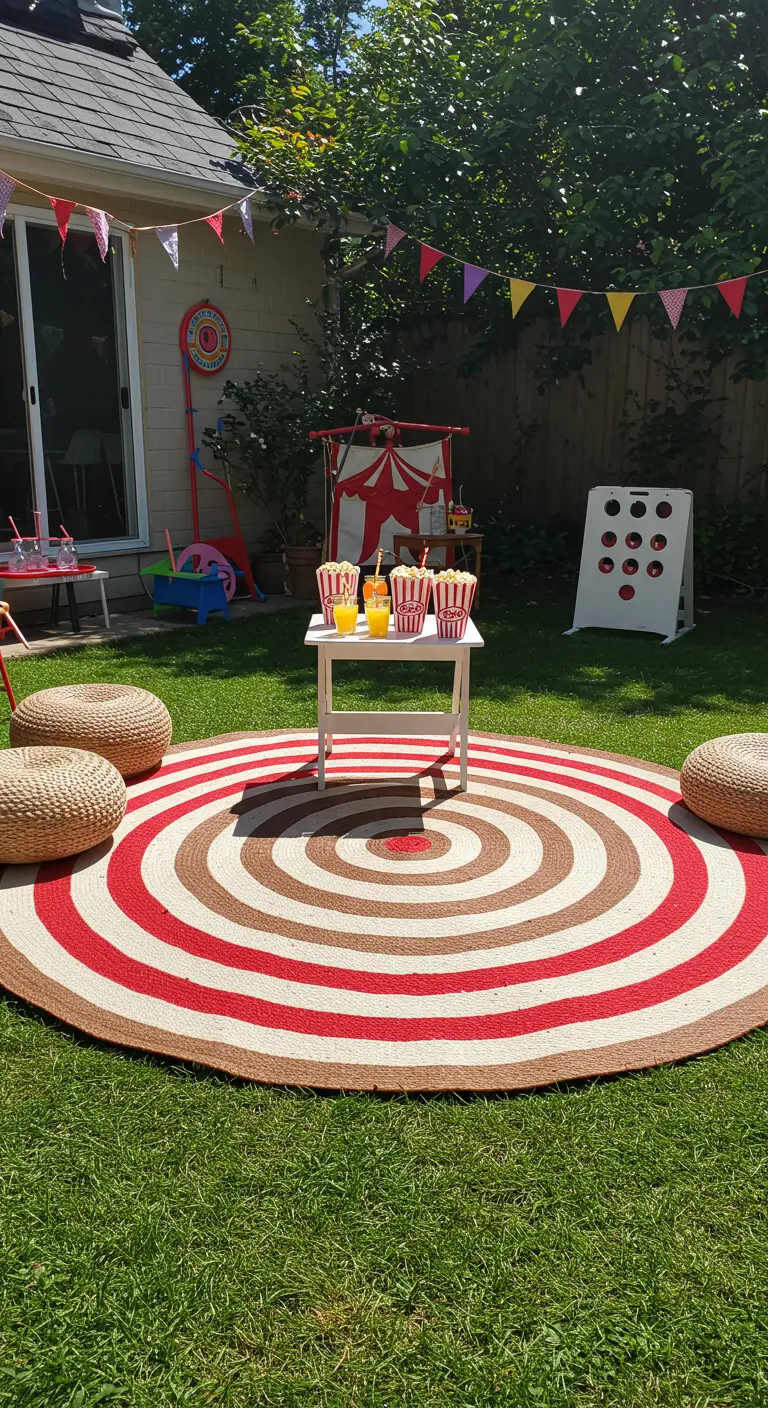 Rond, gestreept tapijt in de tuin met een tafeltje popcorn voor een kinderfeest.