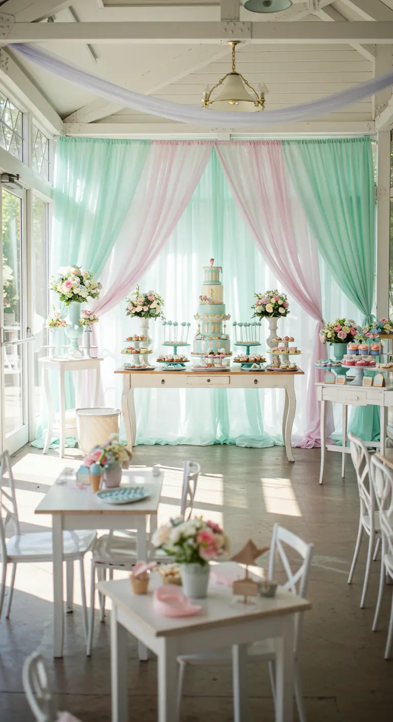 Elegant dessertbuffet met pastelkleurige gordijnen en witte meubels.