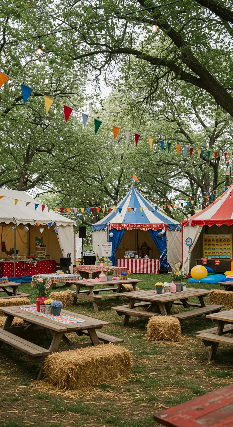 Tuin ingericht als circusterrein met kegelvormige tenten, vlaggetjes en houten picknicktafels met strobalen.