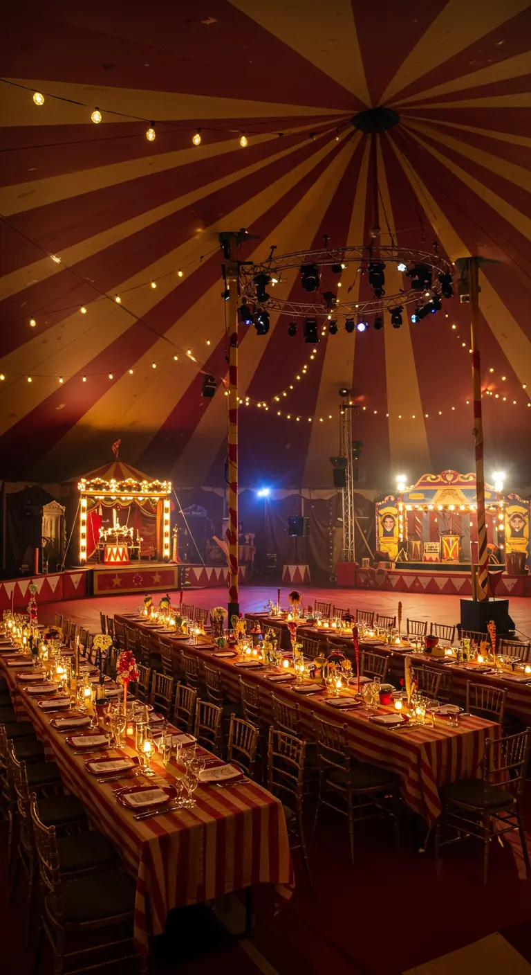 Circustent met lange rood-wit gestreepte tafels en sfeervolle verlichting.