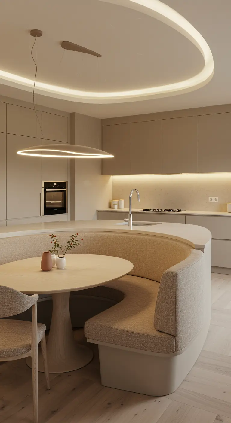Lichte, moderne keuken met een halfronde bank en ronde eettafel, met ronde plafondverlichting.