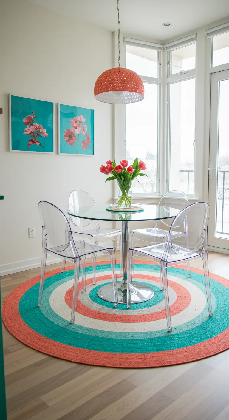Moderne eethoek met een rond tapijt met cirkels in oranje, turquoise en wit.