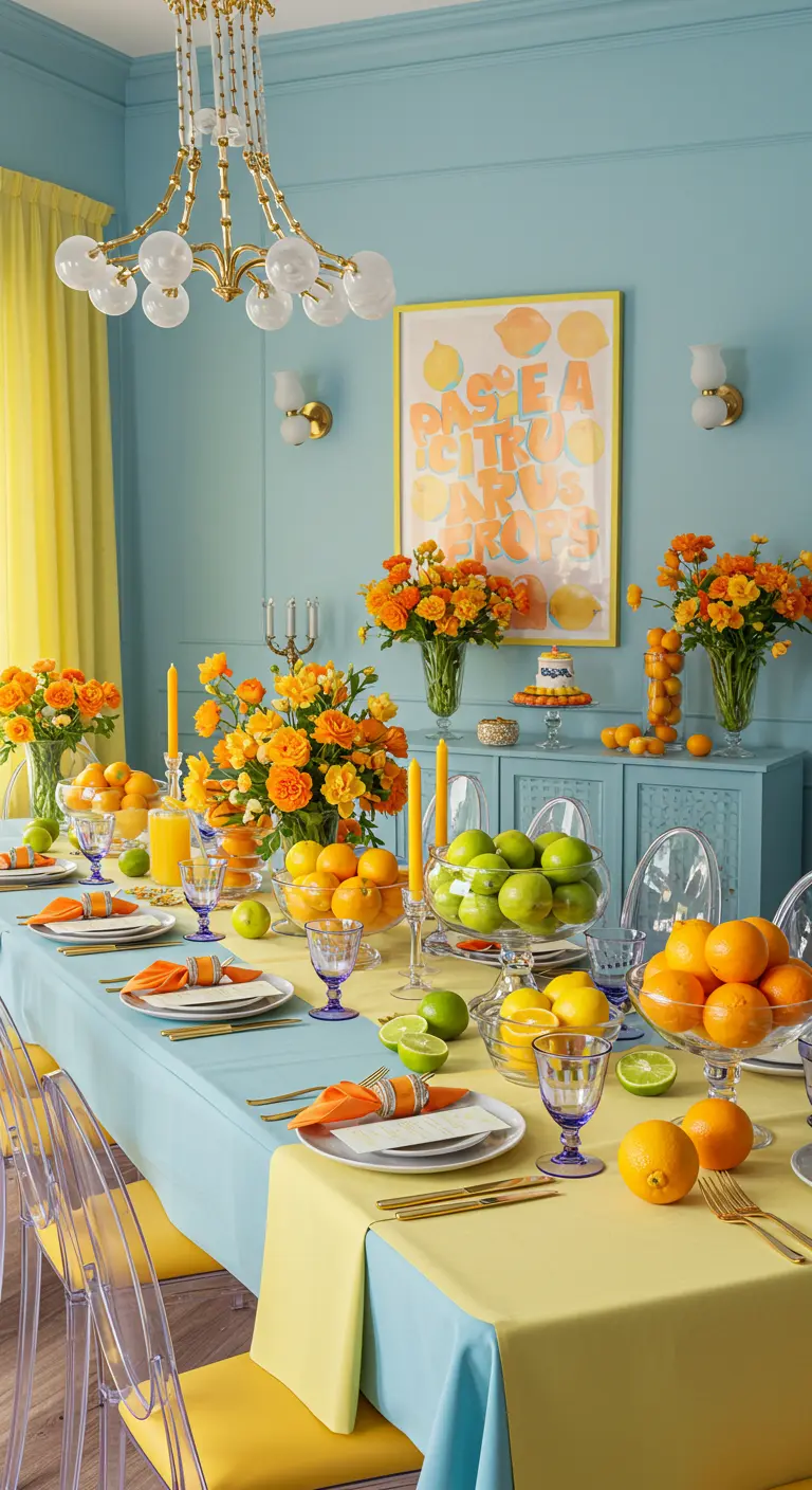 Frisse eettafel gedecoreerd met gele en oranje bloemen en schalen vol citrusvruchten.