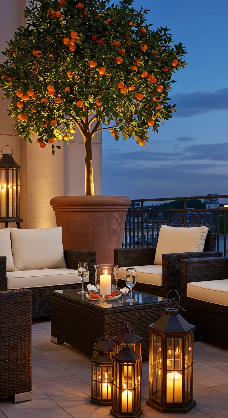 Luxe dakterras bij nacht met een uitgelichte sinaasappelboom en veel kaarslicht.