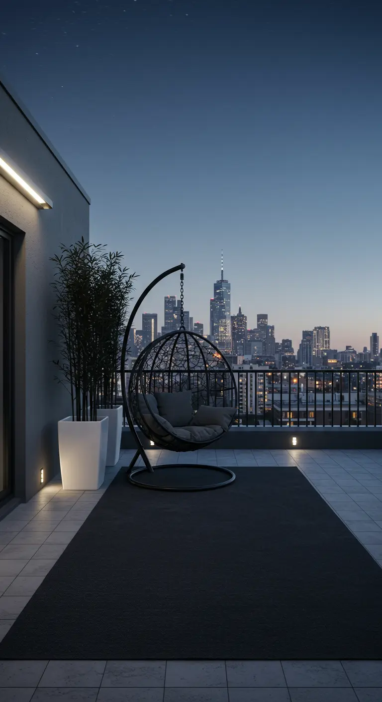 Modern dakterras met zwarte hangstoel en uitzicht op een skyline bij avond.