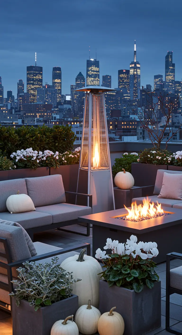 Strak dakterras met moderne meubels, een vuurtafel en elegante witte pompoenen.