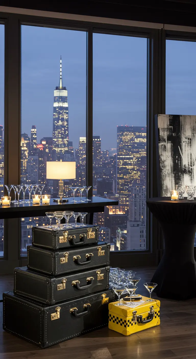 Zwarte koffers als bar voor een raam met uitzicht op de skyline van New York.