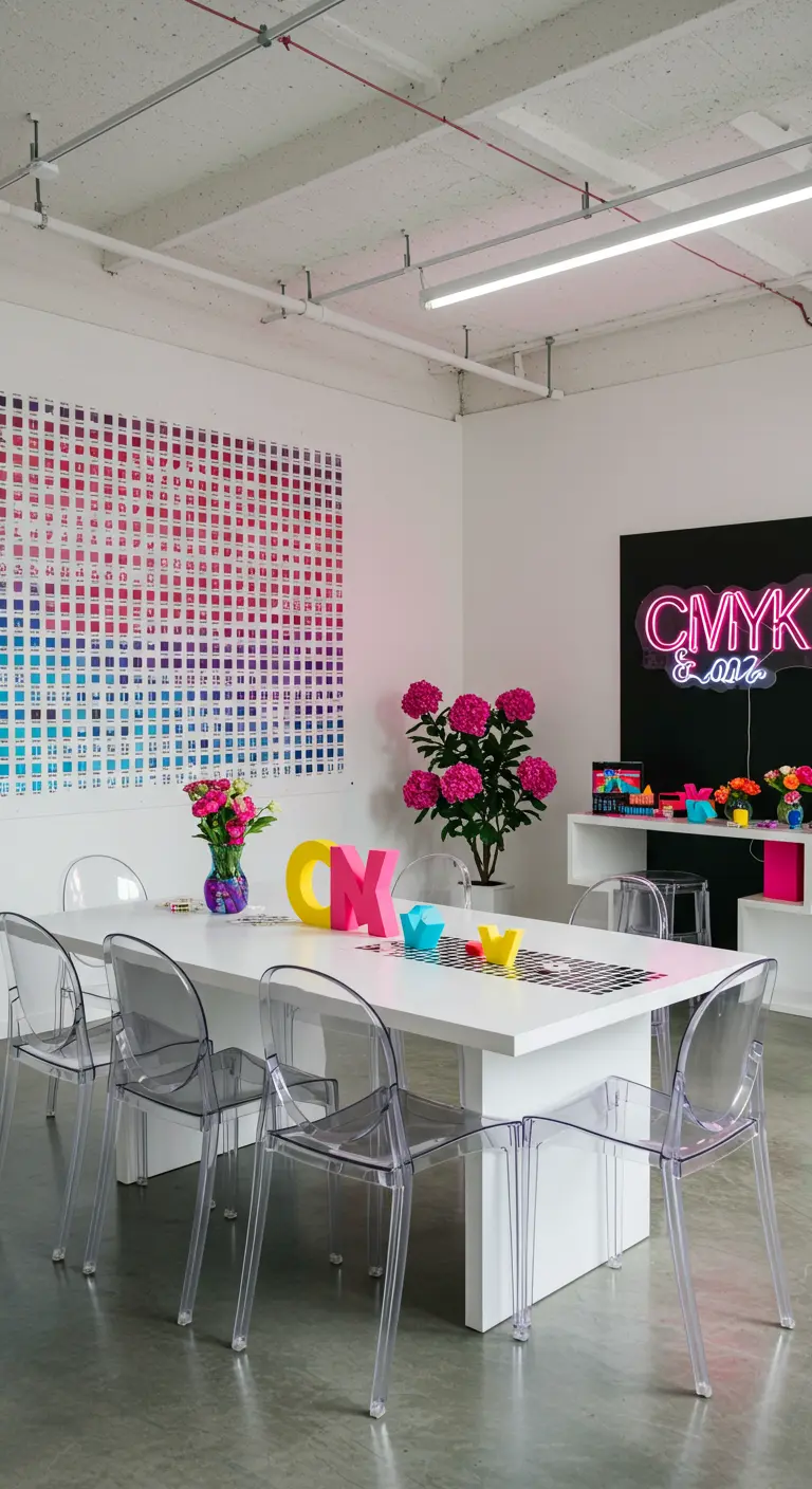 Moderne, witte ruimte met een tafel en transparante stoelen, gedecoreerd met CMYK-kleurthema.