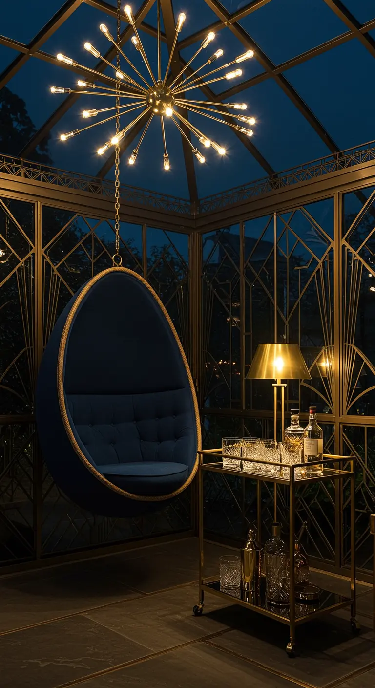Donkerblauwe fluwelen hangstoel in een art-deco serre met gouden accenten en een barkar.