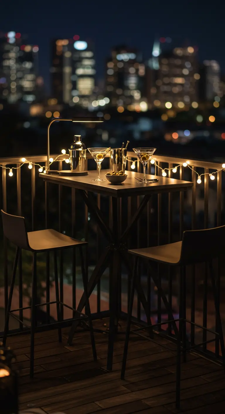 Balkonbar 's nachts met uitzicht op de stad, lichtsnoer, martiniglazen en een moderne lamp.
