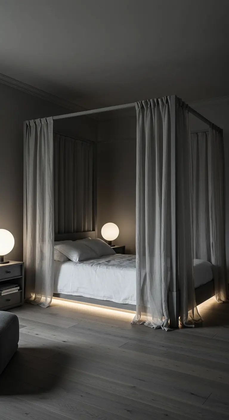 Grijze slaapkamer met een hemelbed omringd door grijze gordijnen en sfeerverlichting.