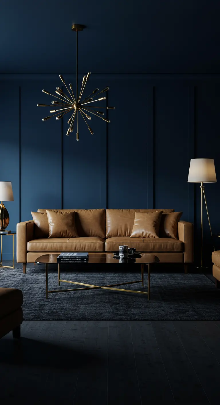 Cognackleurige leren bank tegen een donkerblauwe wand met messing lampen.