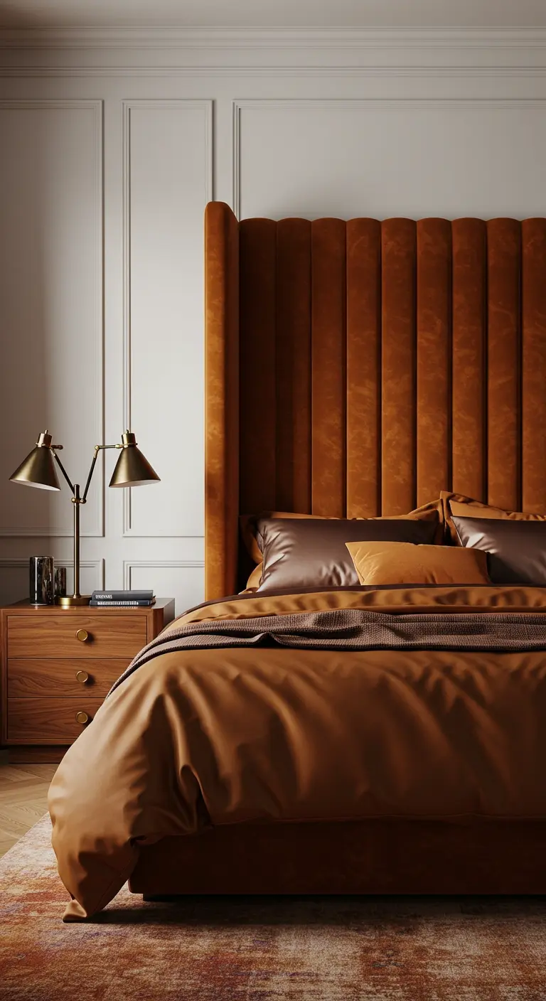 Slaapkamer met een hoog, verticaal gestikt hoofdbord met cognac-lederen look en bijpassend beddengoed.