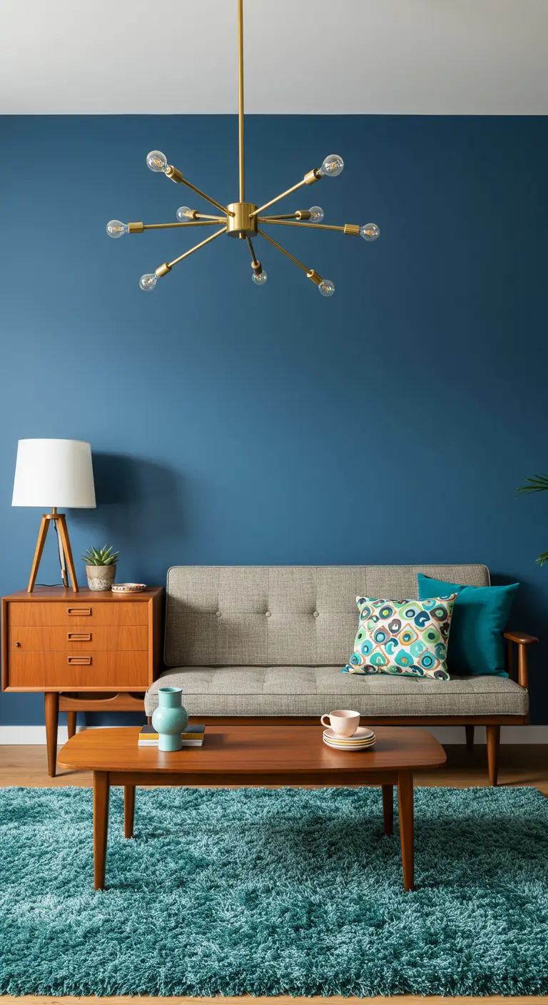 Mid-century interieur met een blauwe muur, houten dressoir en een grijze bank.