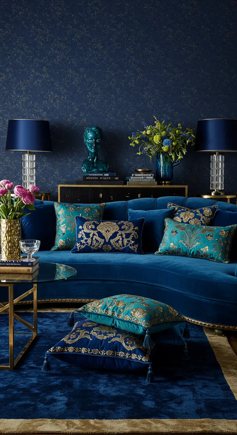 Koningsblauwe bank met luxe blauw-groene kussens met gouden borduursels.