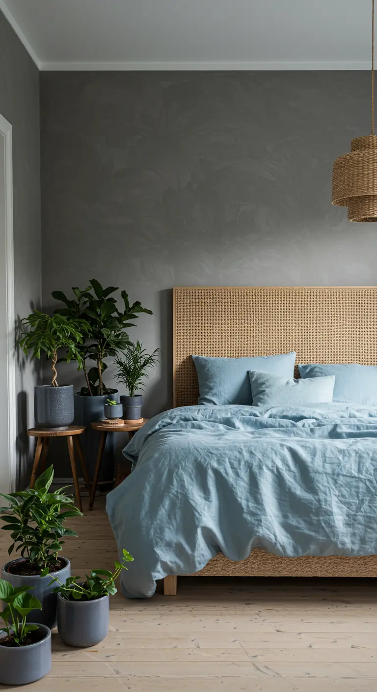 Slaapkamer met een grijze betonlook muur, rotan hoofdeinde en veel groene planten.