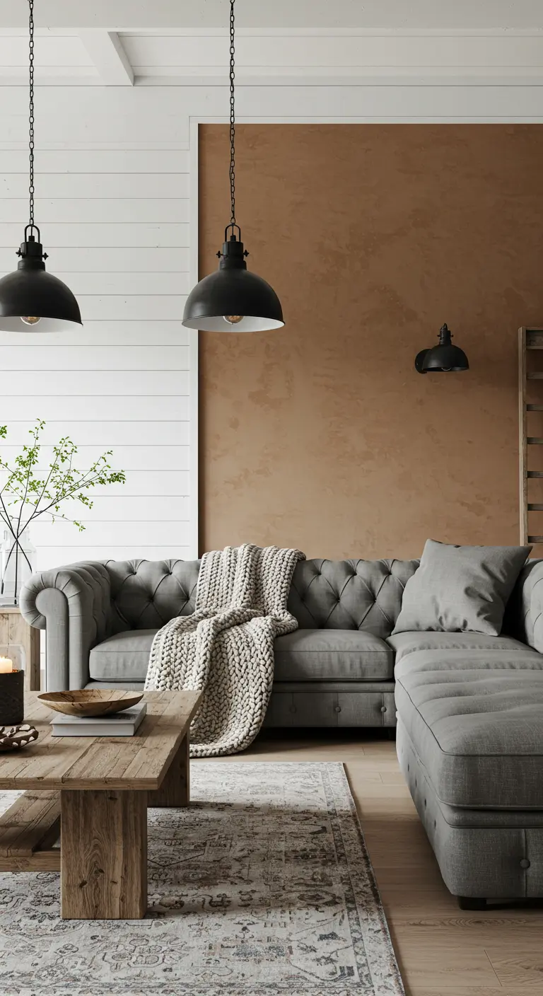 Woonkamer met een witte houten wand en een bruine leemmuur achter een grijze bank.