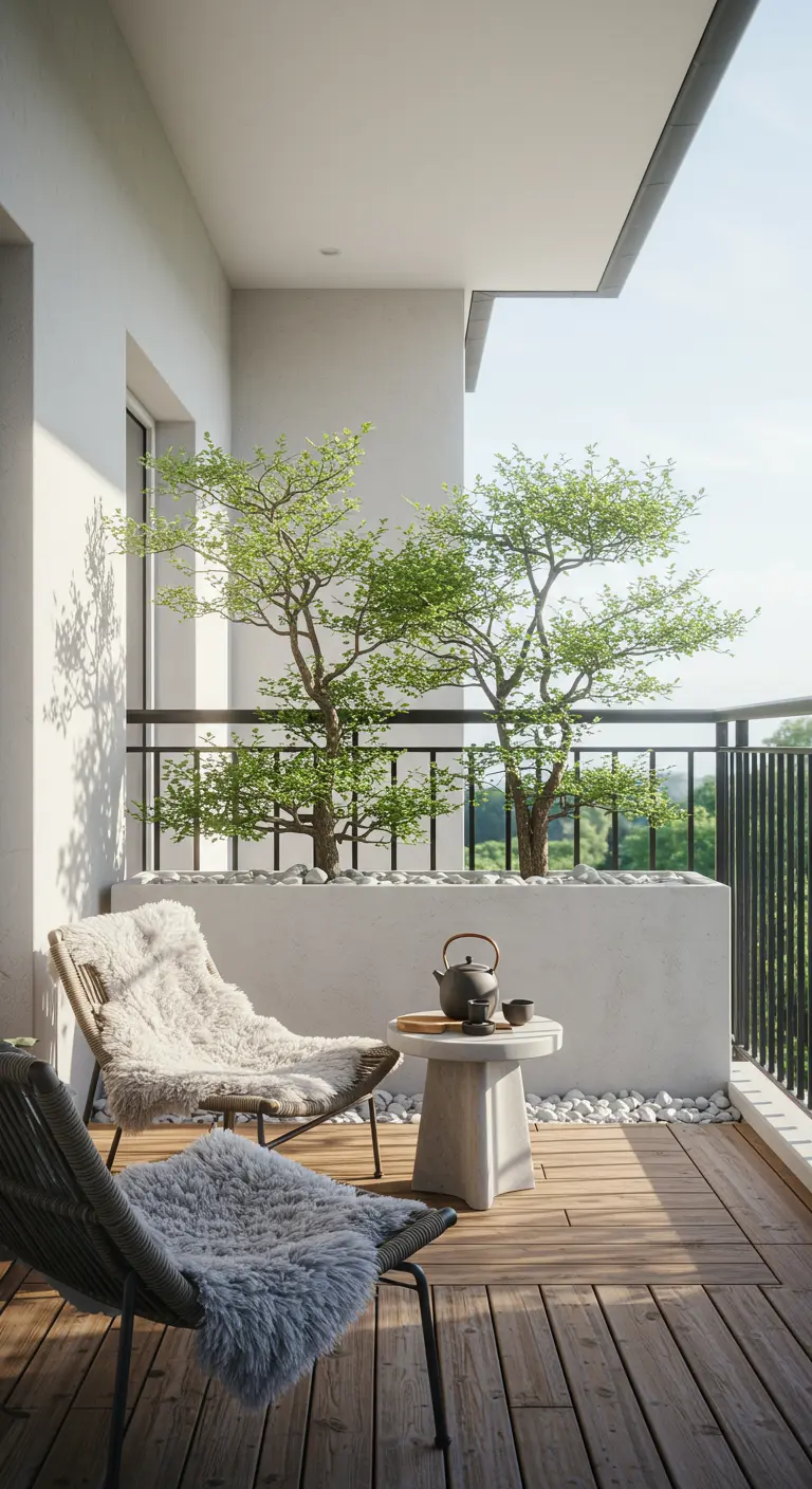 Modern balkon met houten vlonder, twee stoelen met schapenvacht en bomen in een plantenbak.