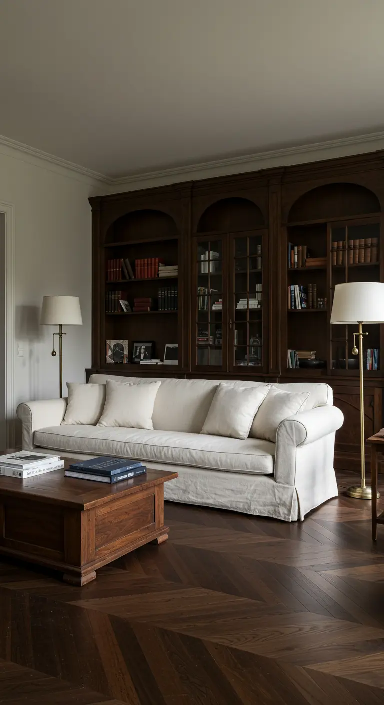 Woonkamer met donkerhouten boekenkast en een comfortabele, linnen slipcover bank