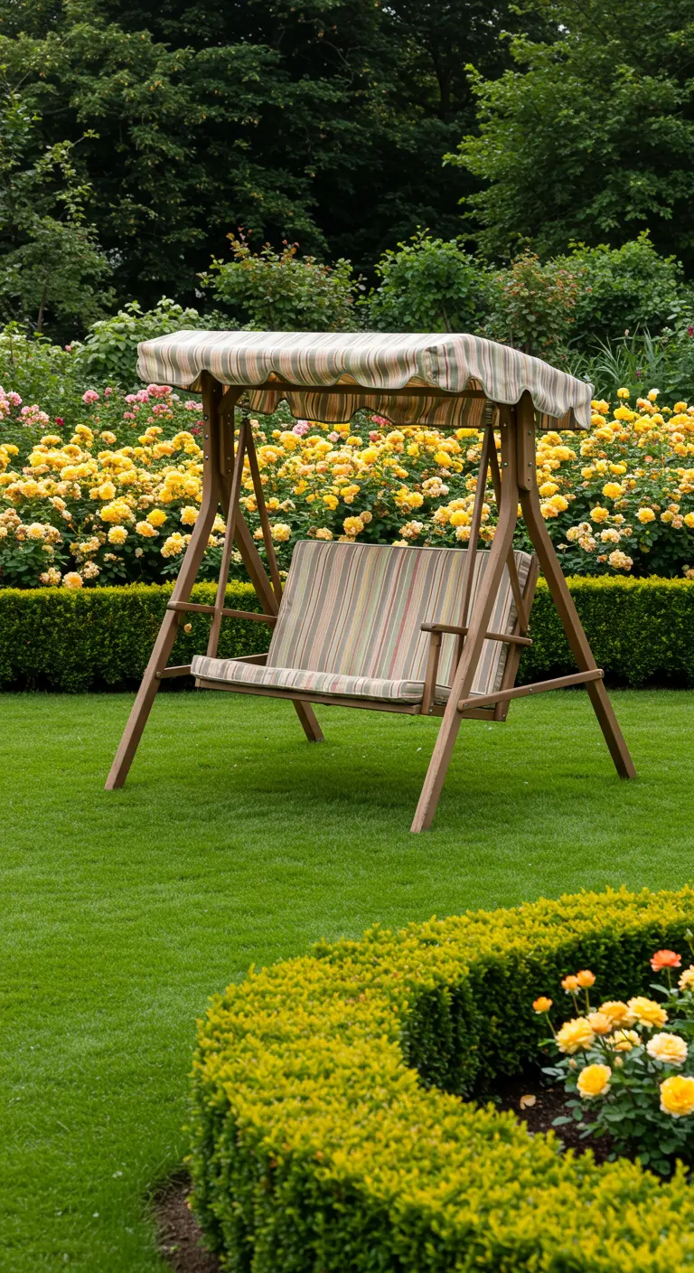 Houten schommelbank met gestreepte kussens en een bijpassend stoffen dakje, voor een haag van gele rozen.
