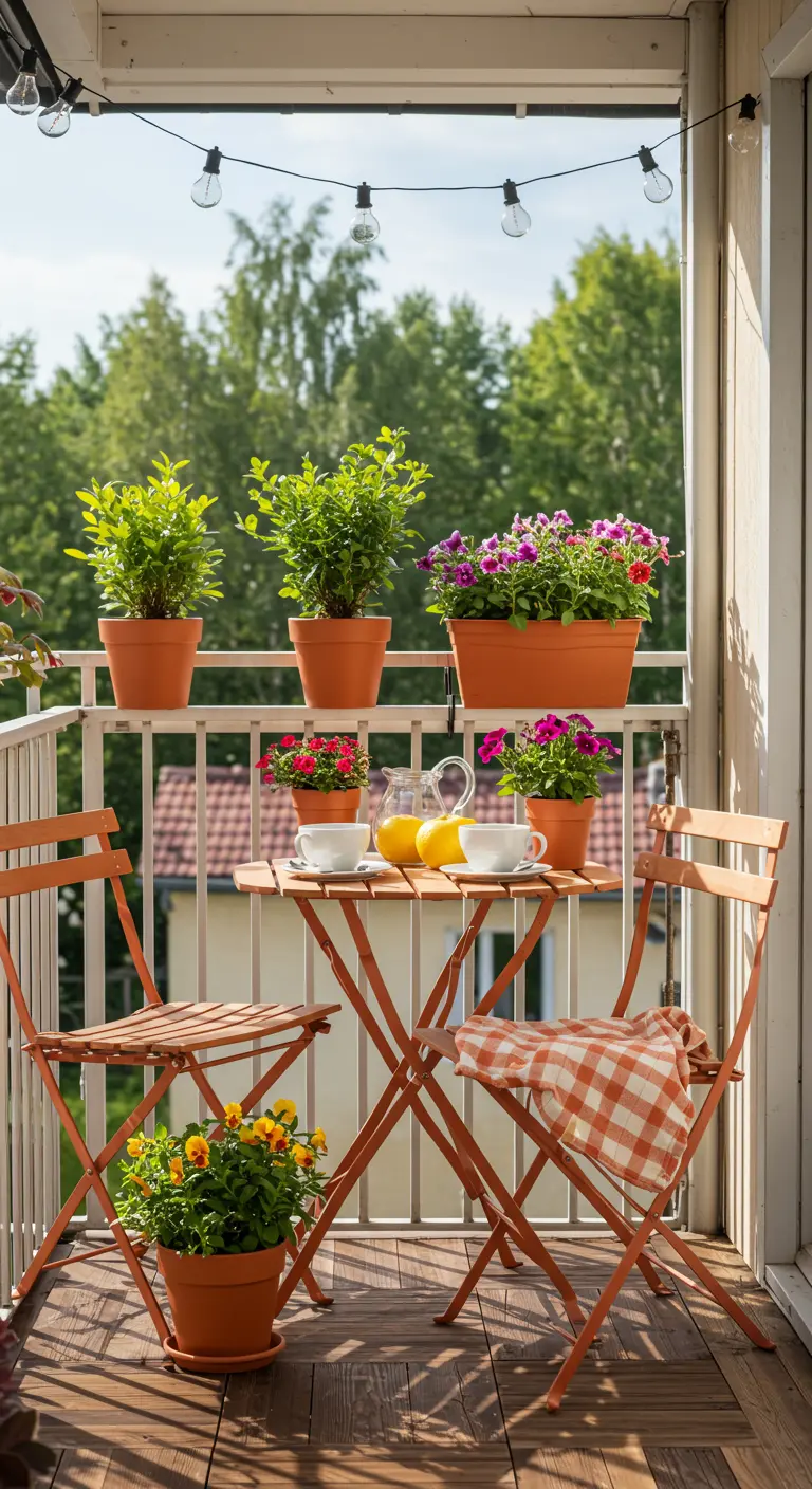 Klein balkon met oranje inklapbare tafel en stoelen, terracotta potten en lichtslingers.