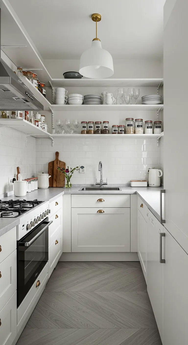 Compacte witte U-keuken met een grijze visgraatvloer en open planken.
