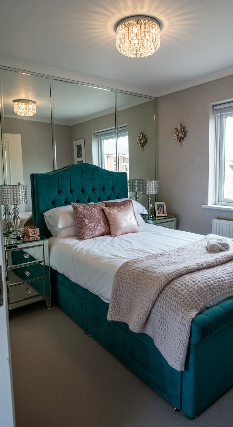 Compacte slaapkamer met teal fluwelen bed, spiegelkasten en een kleine kristallen plafondlamp.
