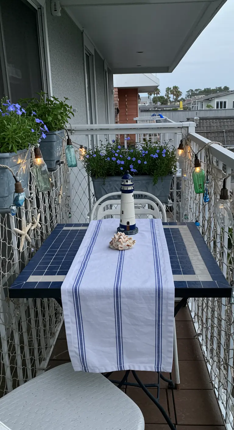 Klein nautisch balkon met blauwe tegeltafel, gestreepte loper, vuurtoren, visnet en fleslichtjes.