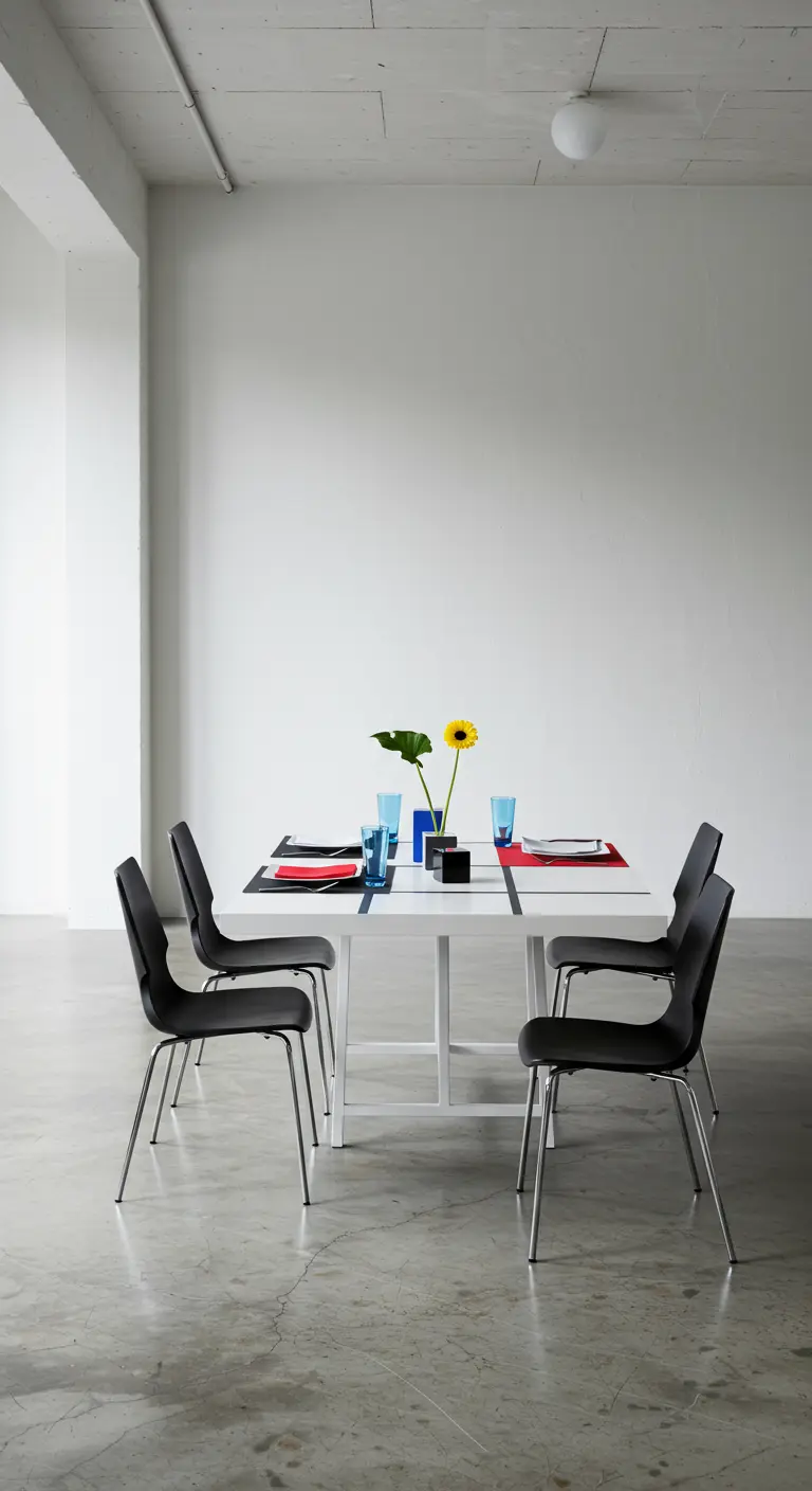 Minimalistische witte eettafel met zwarte stoelen en primaire kleuraccenten op de placemats.