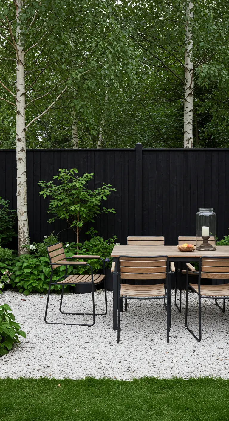 Eethoek in de tuin met een zwarte schutting, witte kiezels en berkenbomen.