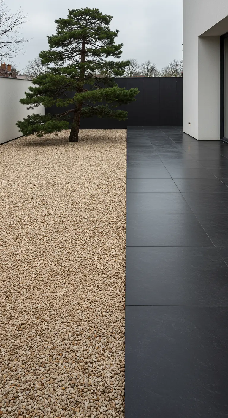Tuin met contrast van licht grind en donkere tegels, met een gesnoeide boom.
