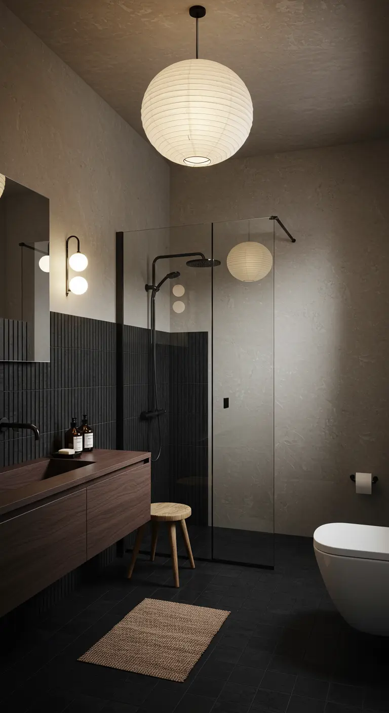 Moderne badkamer met zwarte latten-tegels en een beige gestucte muur.